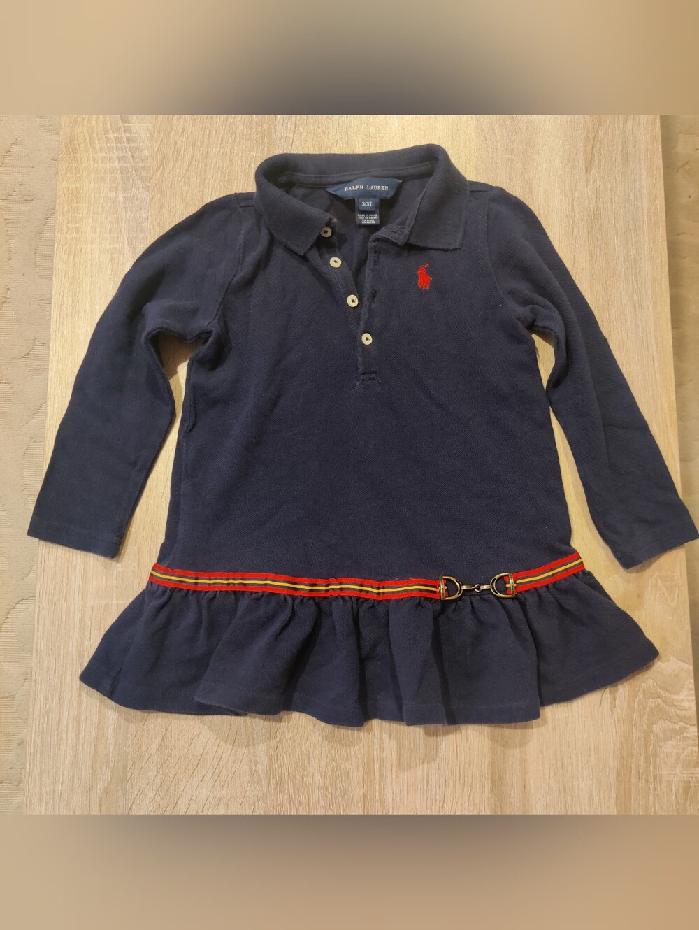 Ralph Lauren Girls Drop Waist Ruffled Skirt Dress - Navy Blue w/Red Pony - 3T